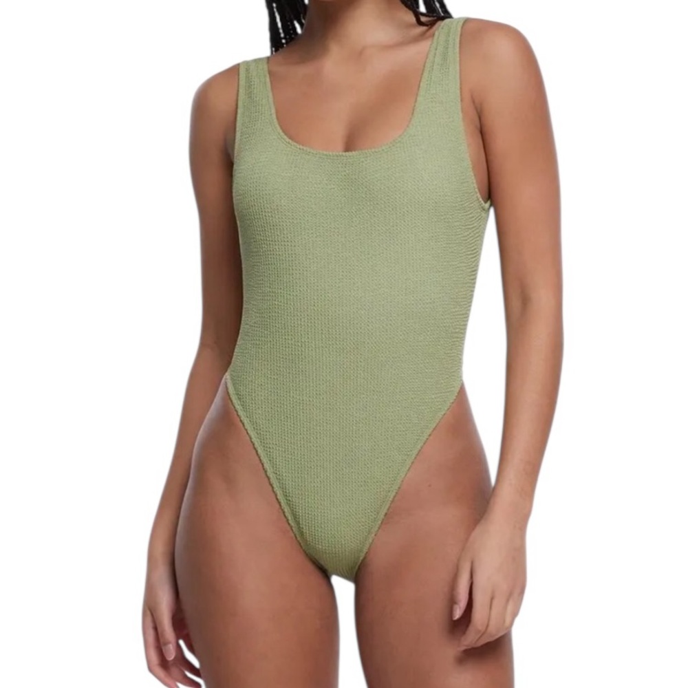 River Island crinkle textured scoop neck one-piece swimsuit in khaki 10